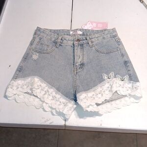 KPOP Shorts Women's 28 Blue White Lace Distressed Butterfly NWT‎